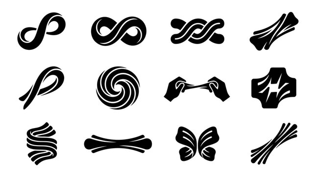 Set of abstract twisted shapes, knots, and stretchable material icons on white background
