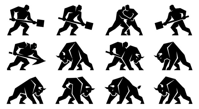 Strong Man Silhouette Icons: Wrestling, Digging, Bull Fighting
