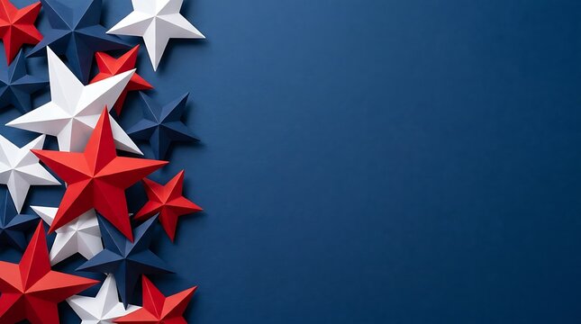 Collection of red white and blue paper stars scattered on blue background surface representing patriotism and american independence celebration.