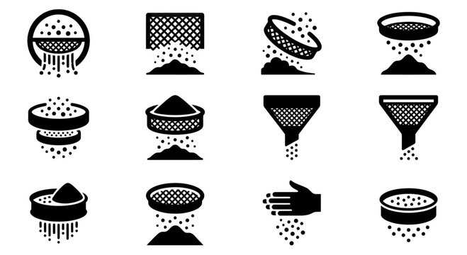 Sieve Icons Set: Separation, Filtration, Sorting, and Granulation Tools
