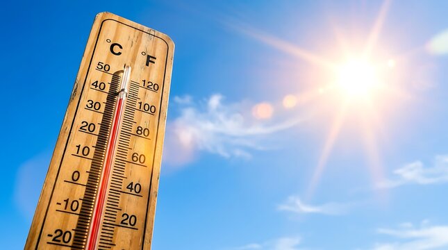 Wooden outdoor thermometer against bright blue sunny sky showing extreme heat temperature measurement in degrees celsius and fahrenheit scale as summer weather concept background imagery.