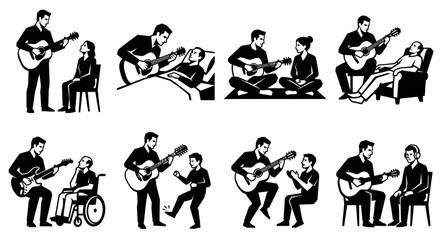 Man teaching guitar to diverse people, music lesson, happy moments, learning, creativity © atha_lintar