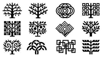 Set of 12 Abstract Tree Icons, Geometric Designs, Vector Graphics © atha_lintar