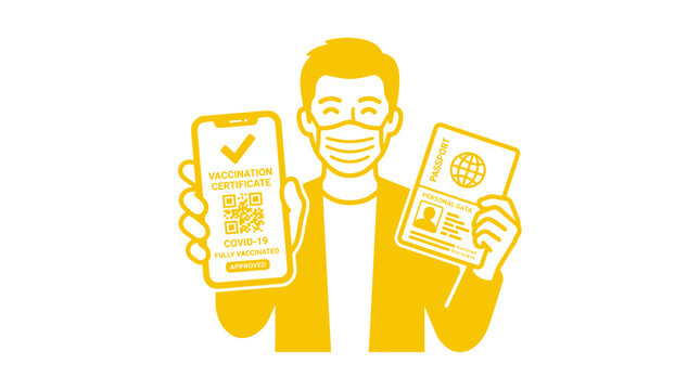 Man with Vaccination Certificate on Phone and Passport, Travel Concept