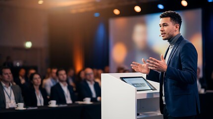 Fototapeta premium Charismatic male speaker delivering presentation on stage to engaged audience in conference hall with bright lights and projector screen in background modern business event.