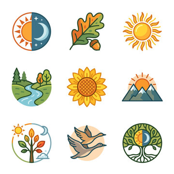 Modern Nature and Environment Vector Icon Set for Ecology Awareness with Sun Moon Tree and Landscape Elements Flat Minimalist Design