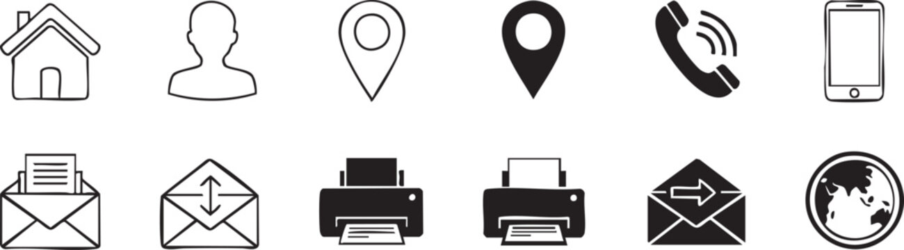 Black and white line of communication and office tools line communication phone email
