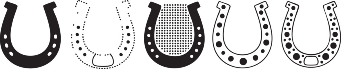 Fototapeta premium Black and white line of five horseshoe types isolated on white background