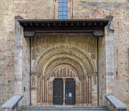 Yesa, Spain. Porta Speciosa, the richly carved Romanesque west portal of the Monasterio de San Salvador de Leyre, built early 12th century with four archivolts and a tympanum depicting Christ. Navarre