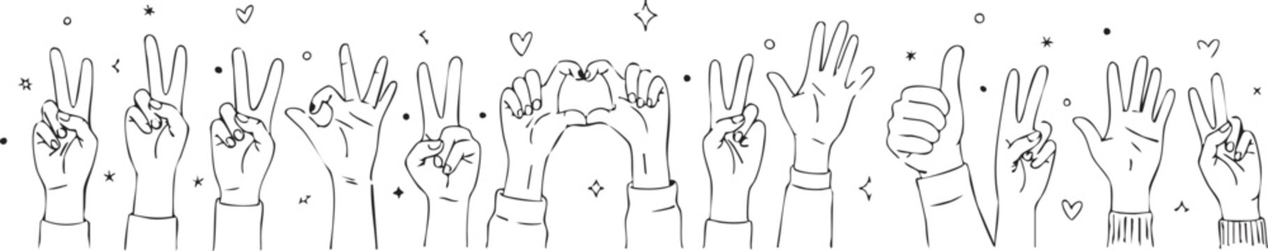 Black and white line of hands making gestures on white background with hearts and dots line hands