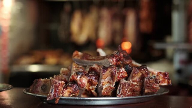 Freshly cooked and chopped pork ribs piled on a metal plate. Juicy and delicious barbecue meat ready to be served in a restaurant