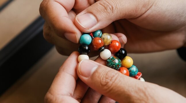 Close-up shows hands stringing vibrant beads. Artisan crafts jewelry using colorful stones. Detailed view highlights skill precision in beadwork. Handmade accessory creation process hobbyist enjoys