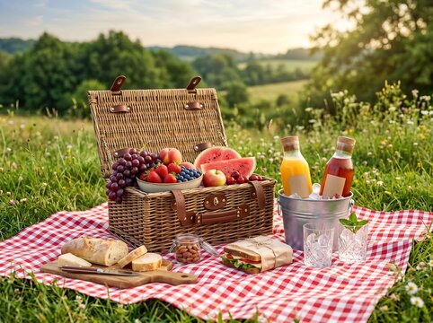 Summer picnic basket with fresh fruit and drinks on a red gingham blanket