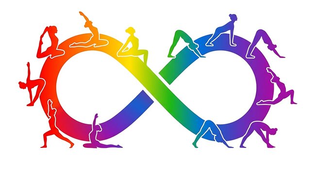 Yoga pose silhouettes along rainbow infinity symbol concept for wellness and balance with infinity wellness meditation