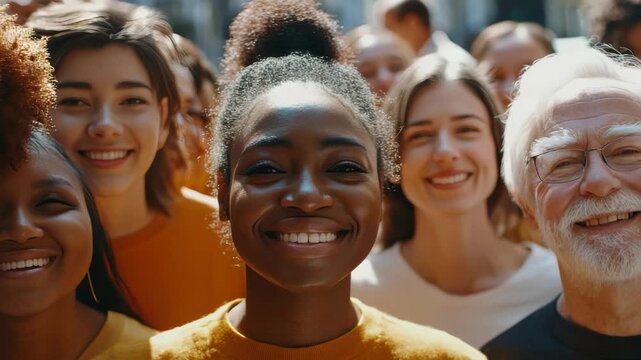 A cheerful gathering of people with various skin tones and hair types, unified in their happiness and togetherness.