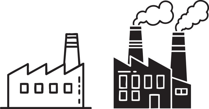Black and white of industrial buildings with chimneys emitting smoke factories