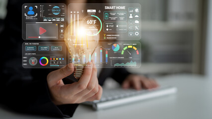 Fototapeta premium Smart home technology concept showcasing a light bulb integrated with user interface elements and data visualization for modern living solutions Fluxor.