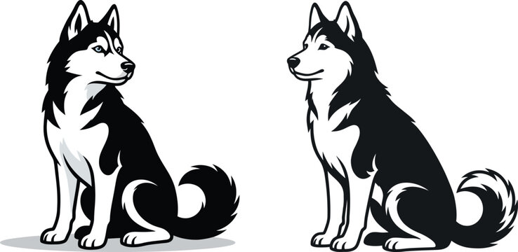 Two siberian husky dog heads black and white vector silhouette