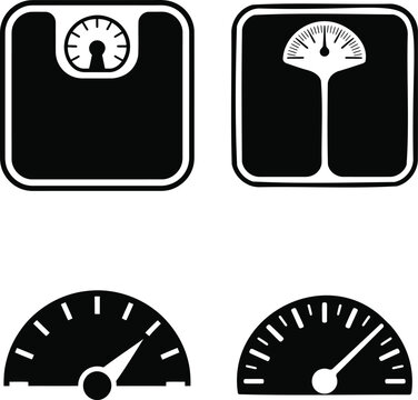 Set of bathroom scales and speedometers icons