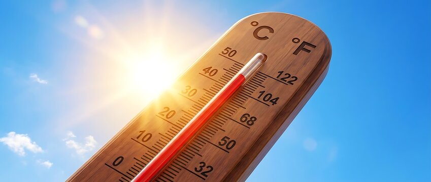 Thermometer showing high temperature in bright sunlight against blue sky representing hot weather and heatwave warning symbol.
