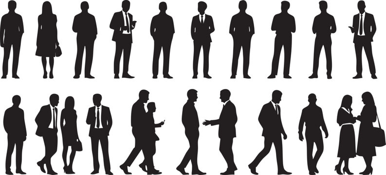 Black and white silhouettes of diverse people walking in single file line and interacting