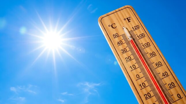 Summer sun shining brightly in clear blue sky with scattered clouds next to a wooden thermometer showing high temperature measurement celsius and fahrenheit degrees.