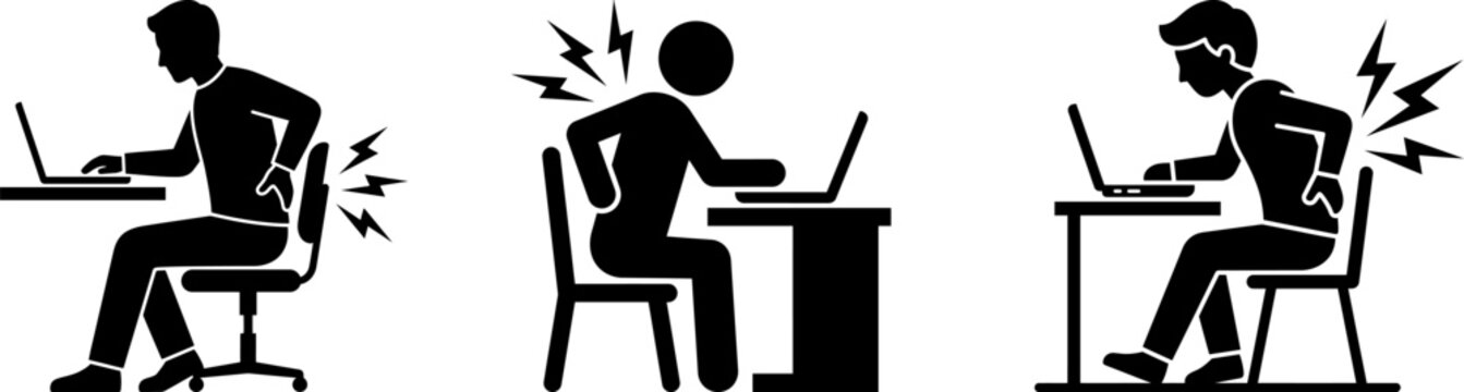 Ergonomics and Back Pain at Work Vector Icon Set Man Suffering from Spine Pain and Injury While Working on Laptop
