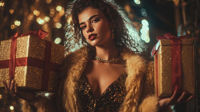 Glamorous woman holding gifts in a New Year party celebration.
