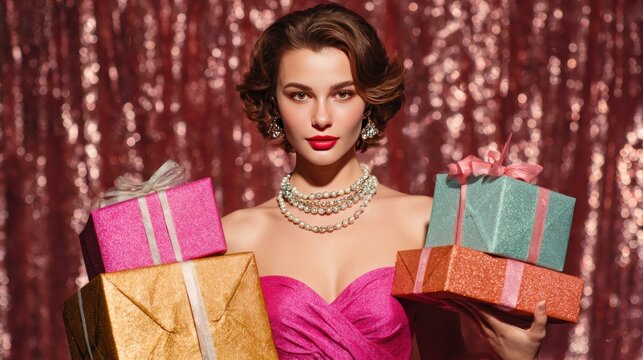 Glamorous woman holding gifts in a New Year party celebration.