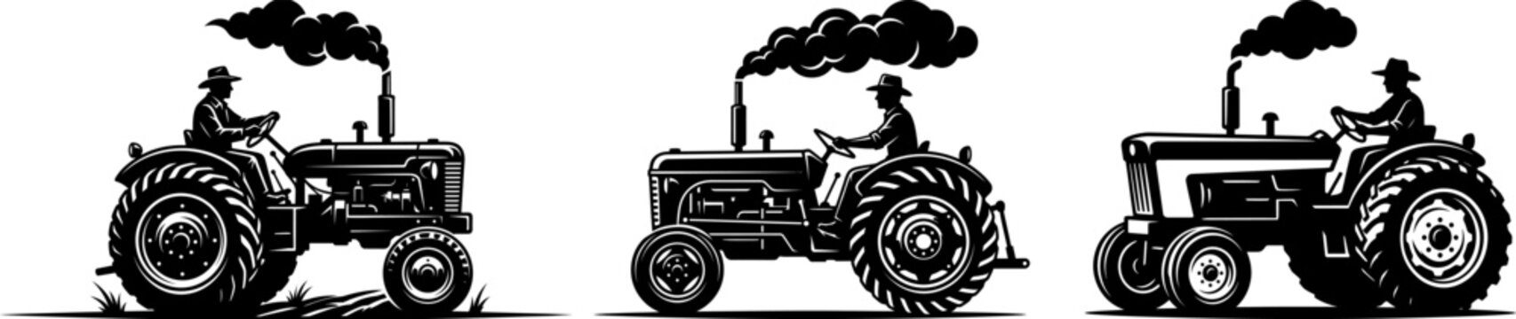 Vintage tractor with farmer silhouette vector illustration set retro farming tractor icon isolated on white background classic agricultural tractor driving logo design set