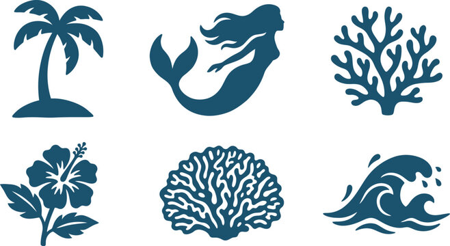 Tropical beach icons in silhouette with mermaid and hibiscus flower during daytime
