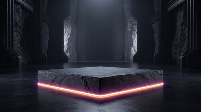 Futuristic stone pedestal with glowing orange light in dark cavern for product showcase macro close-up, dark premium detail, gothic background