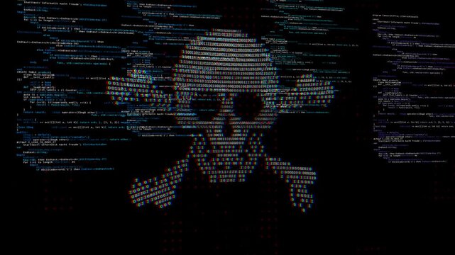 Abstract digital background and skull icon with glitch effect.