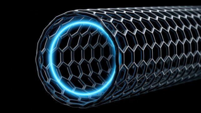 Carbon Nanotube Molecular Structure with Blue Glow on Black Background