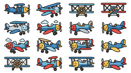 Cute biplane character illustrations with various facial expressions. © Bagas