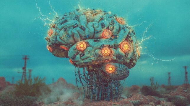Creative depiction of a robotic brain in a desert landscape at twilight