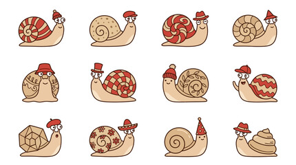 Cute cartoon snail characters with colorful shell patterns. © Bagas