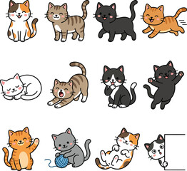 Fototapeta premium Collection Of Cartoon Cats Colorful Vector Illustration On White Background