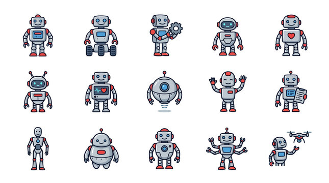 Cute cartoon robot character icon collection.