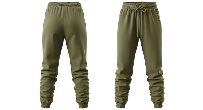 Olive green sweatpants mockup, front and back view with drawstring on a white background