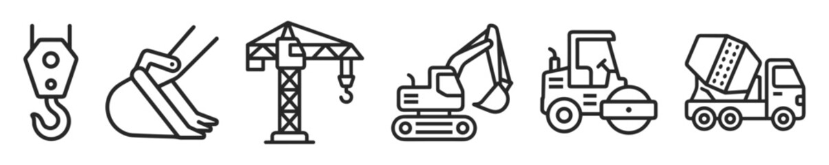 Naklejka premium Set of construction machinery icons including hook, excavator bucket, tower crane, digger, road roller, and cement mixer truck on transparent background