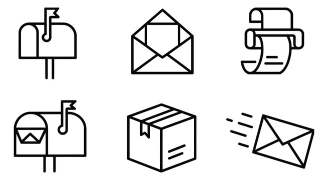 Postal service icons featuring mailbox, open envelope, letter, package slot, delivery, and secure shipping symbols, minimalist line vector illustration for logistics, mail, and communication.