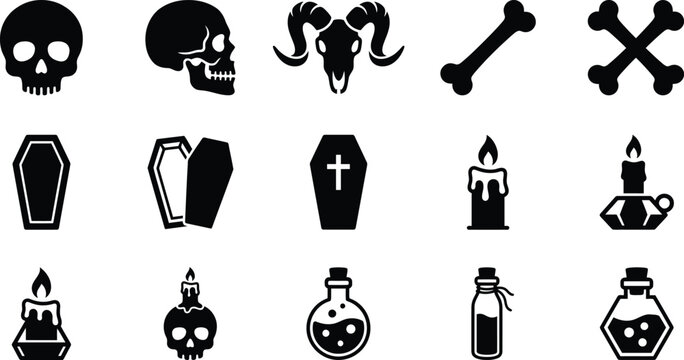 Collection of black halloween including skulls coffins bones and potions skeleton
