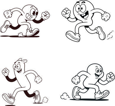 Four cartoon characters running with happy expressions and sneakers