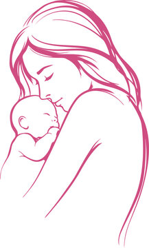 Pink line of mother holding sleeping baby close infant child