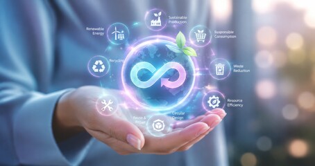 Fototapeta premium Hands holding glowing infinity symbol surrounded by sustainability and circular economy icons on bokeh background