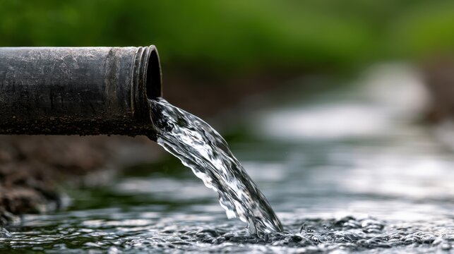 Water flowing from a metal drainage pipe into a stream