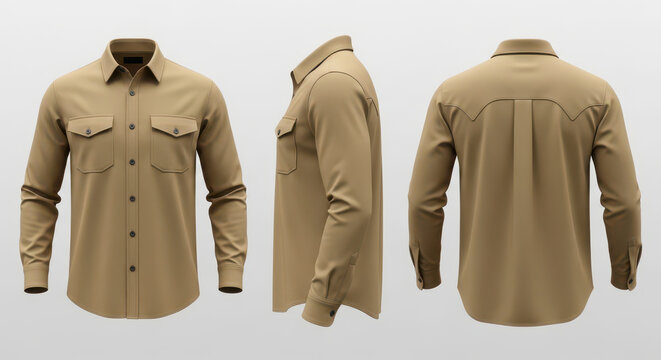 Front, side, and back view of a tan long sleeve button-up shirt isolated on white