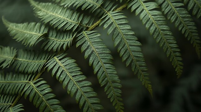 Close-up macro view of lush green fern fronds unfurling in a forest setting