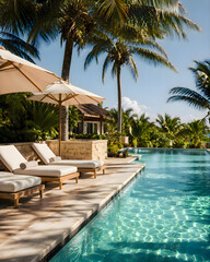 Fototapeta premium Luxury poolside area layout with comfortable sun lounge chairs and protective sun umbrellas next to blue swimming pool